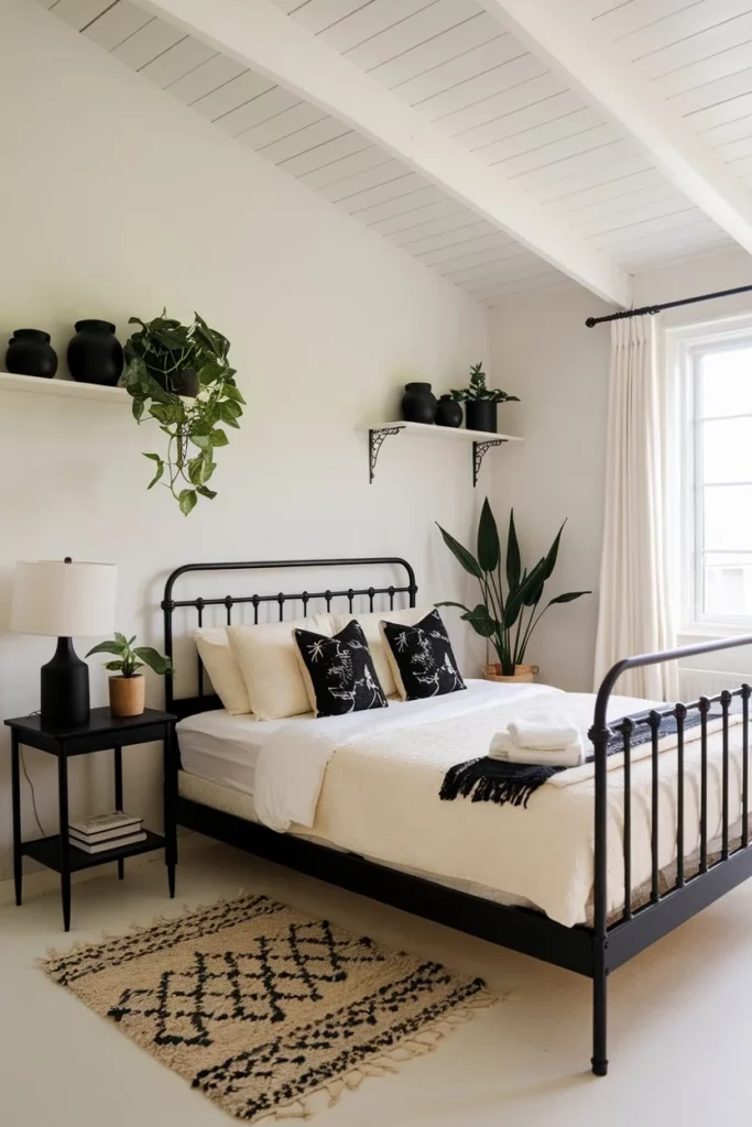 10. Black and Cream Bedroom with Botanical Touches