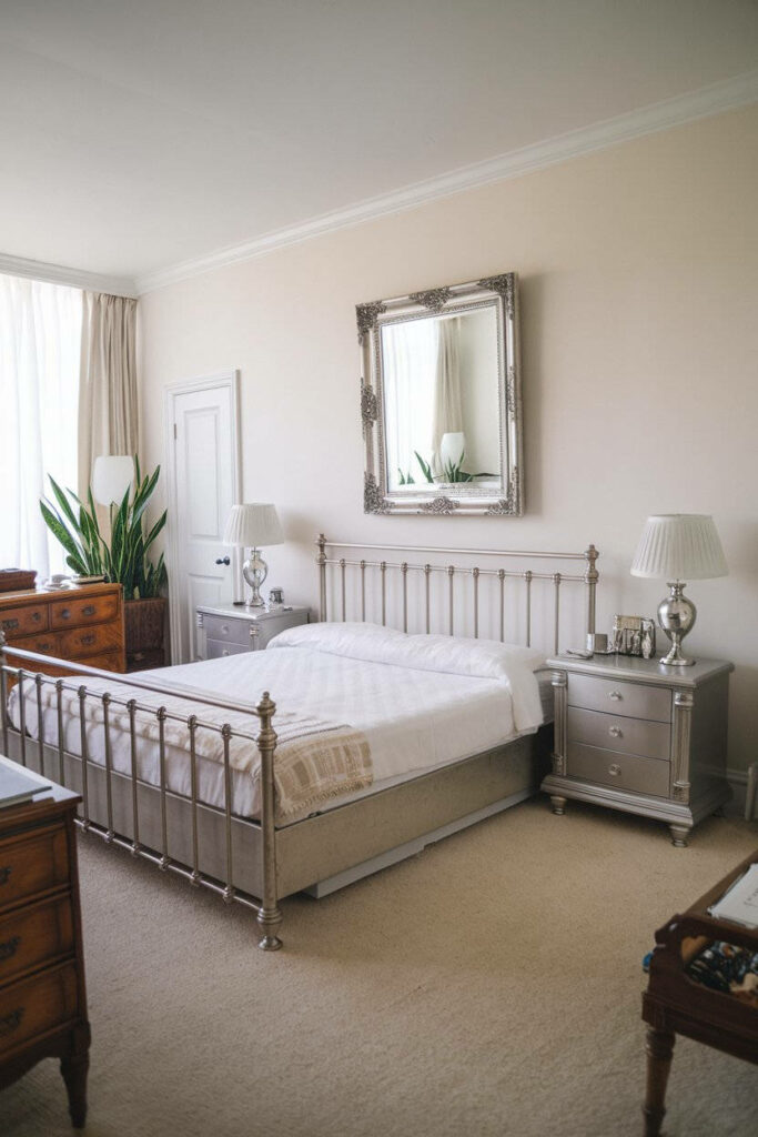 10. Elegant Silver Bedroom with King-Size Bed and Stylish Accents