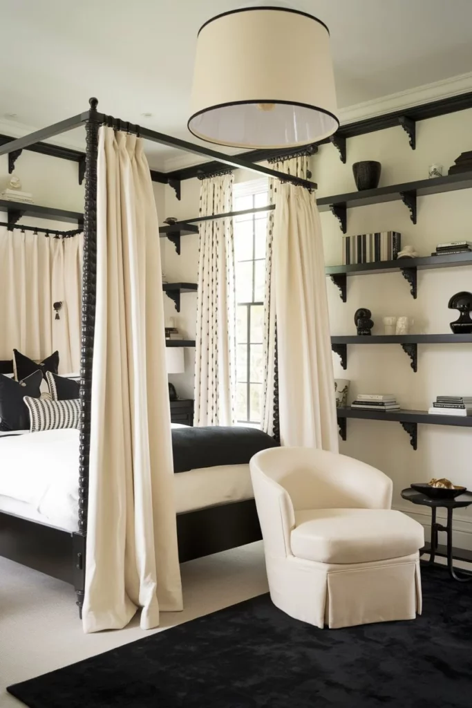 11. Black and Cream Bedroom with a Four-Poster Bed