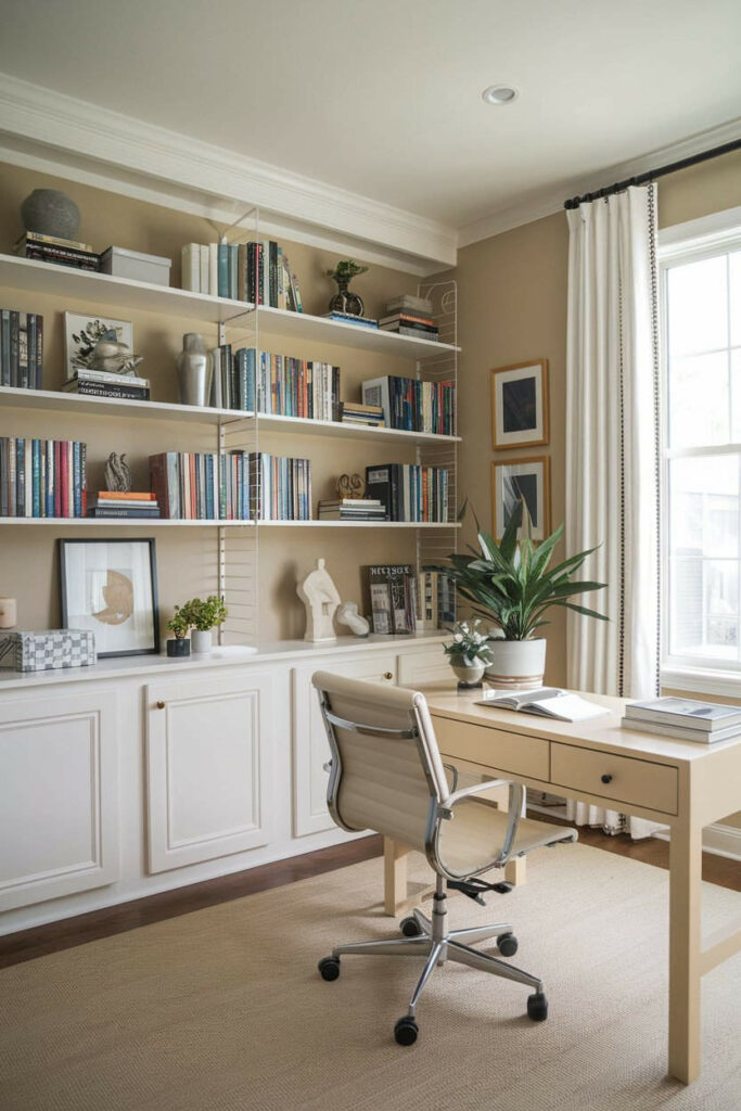 11. Calming Beige and White Bedroom Office Design