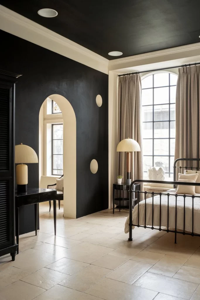 12. Black and Cream Bedroom with Unique Wall Features