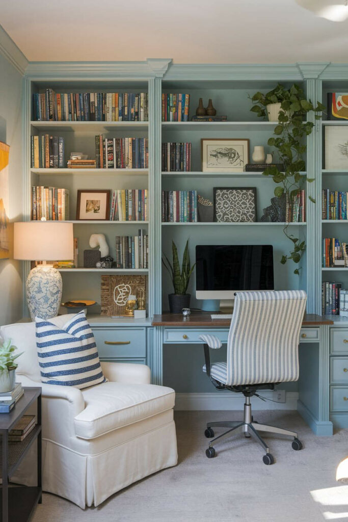 12. Cozy Blue and Gray Bedroom Office Design