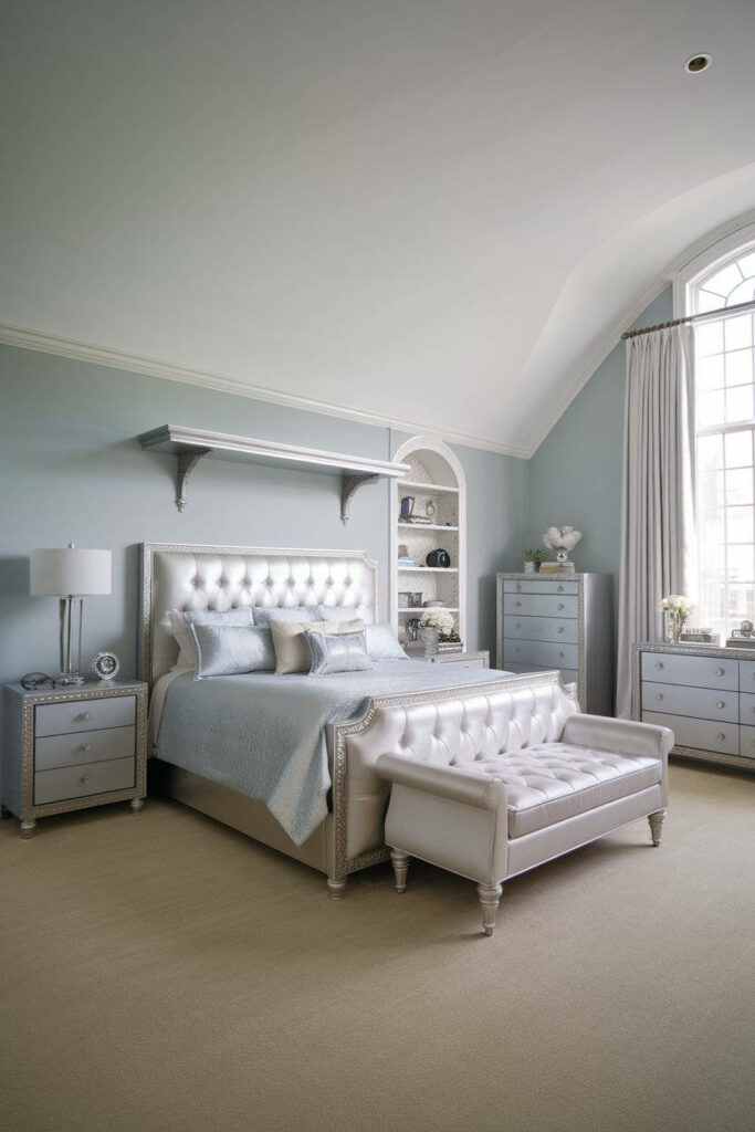 12. Elegant Silver Bedroom with Light Blue Accents