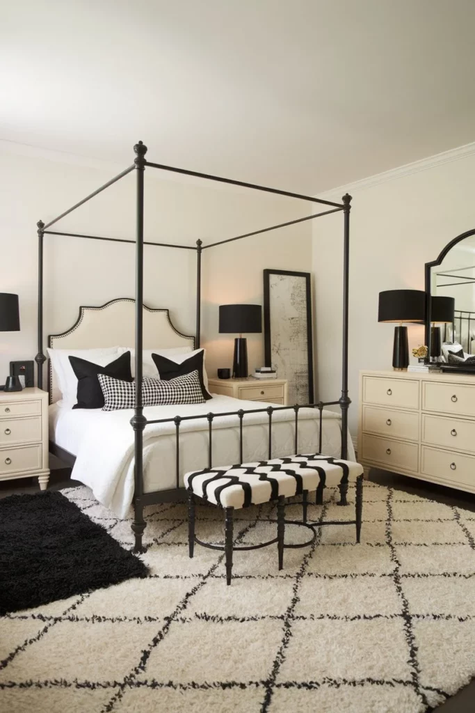 13. Black and Cream Bedroom with Dual Rugs