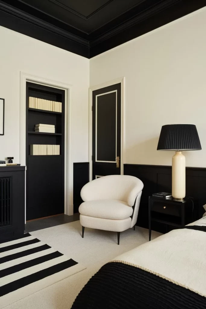 14. Black and Cream Bedroom with Striped Accents