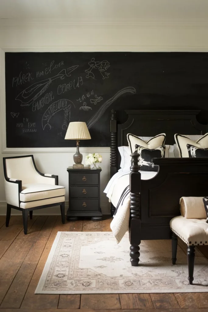 15. Black and Cream Bedroom with Wooden Elements