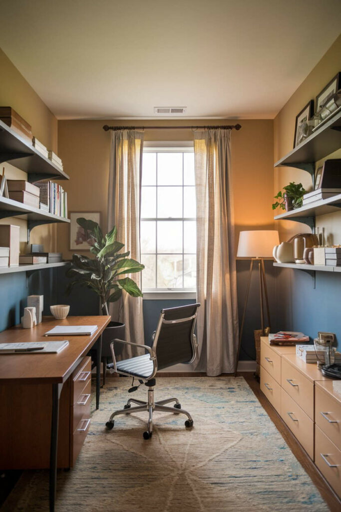 16. Warm and Inviting Dual-Tone Bedroom Office Design