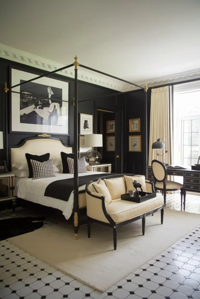 18. Black and Cream Bedroom with Luxurious Furniture