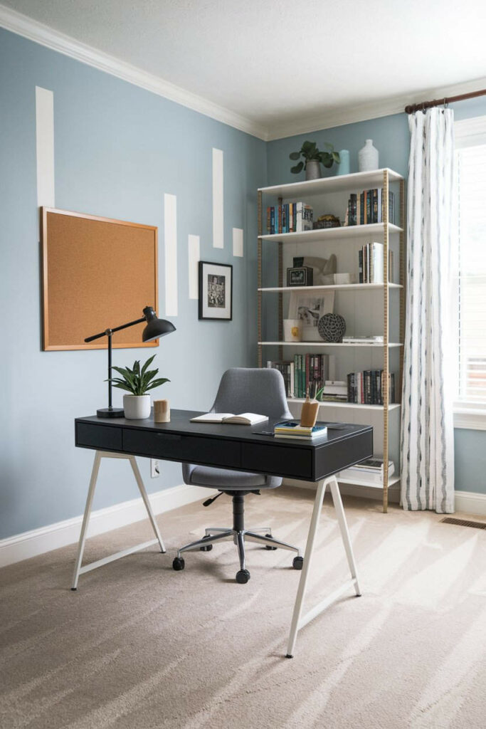 19. Organized and Stylish Corkboard Bedroom Office Design