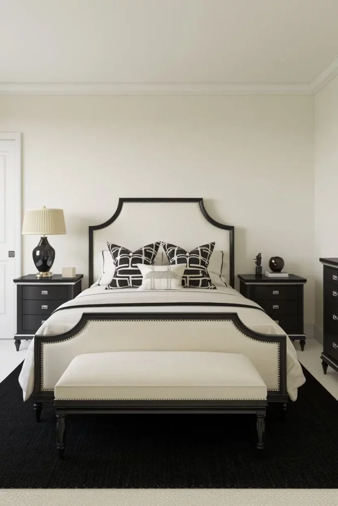 2. Black and Cream Bedroom Design with Queen Bed