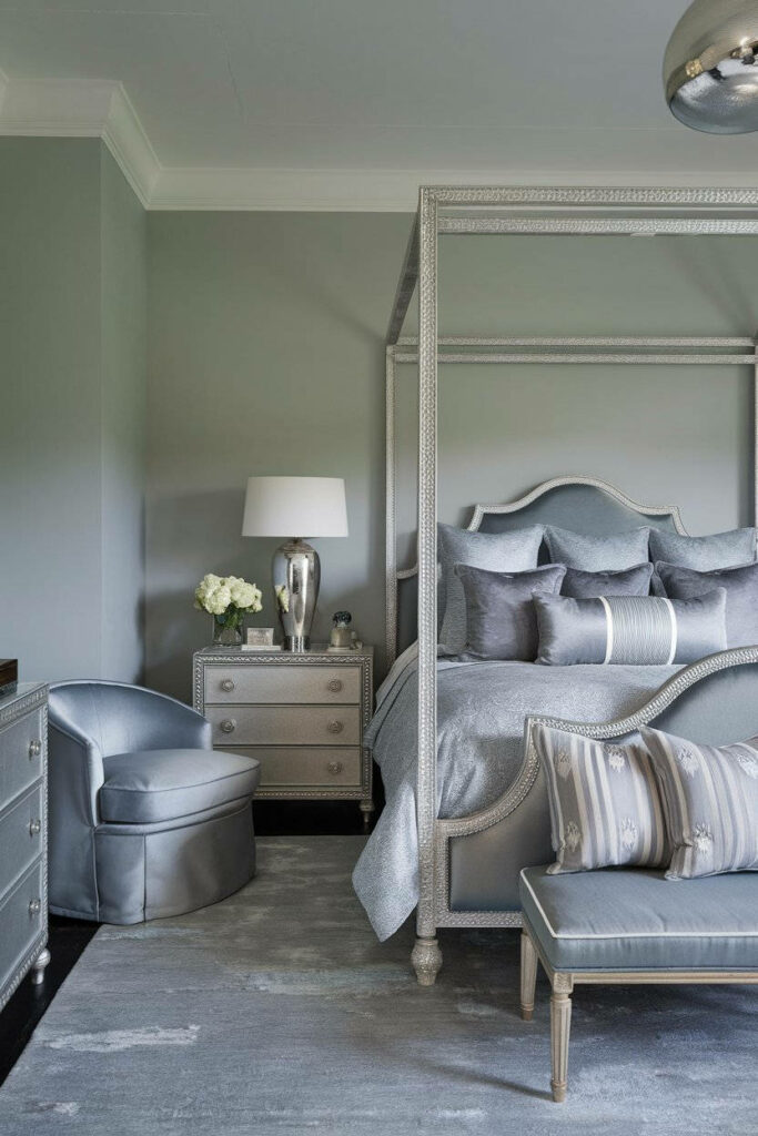 20. Elegant Silver and Grey Bedroom with Modern Accents