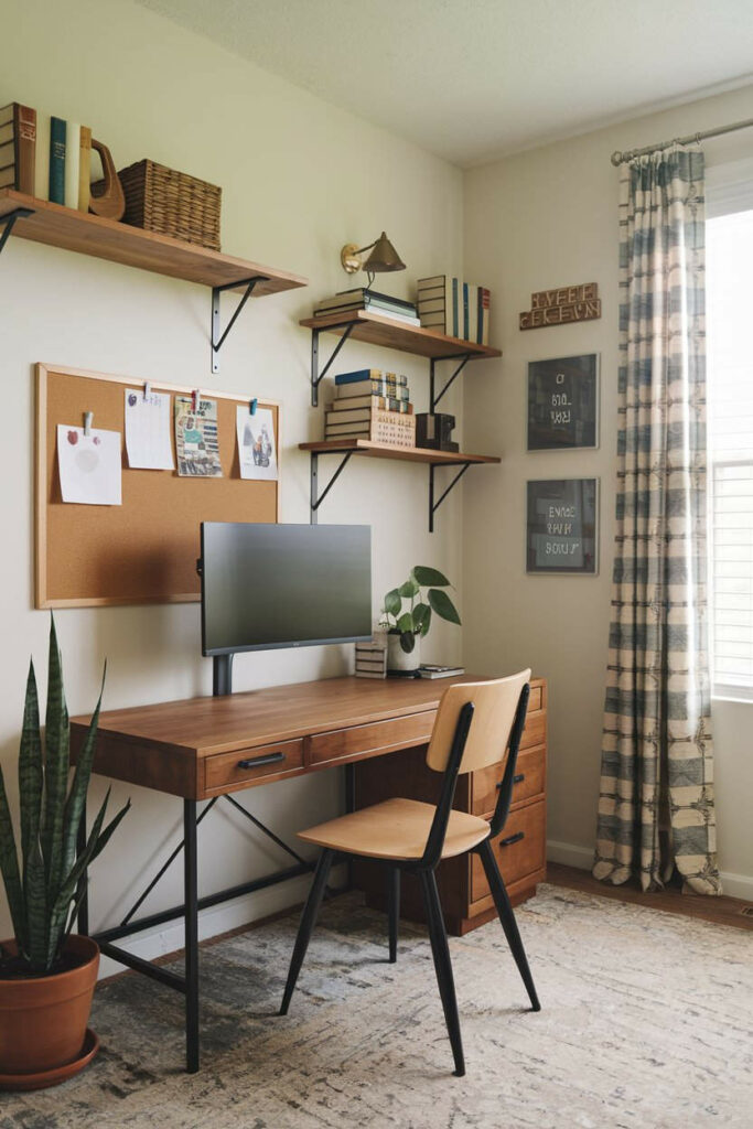 20. Rustic Wooden Desk Bedroom Office Design