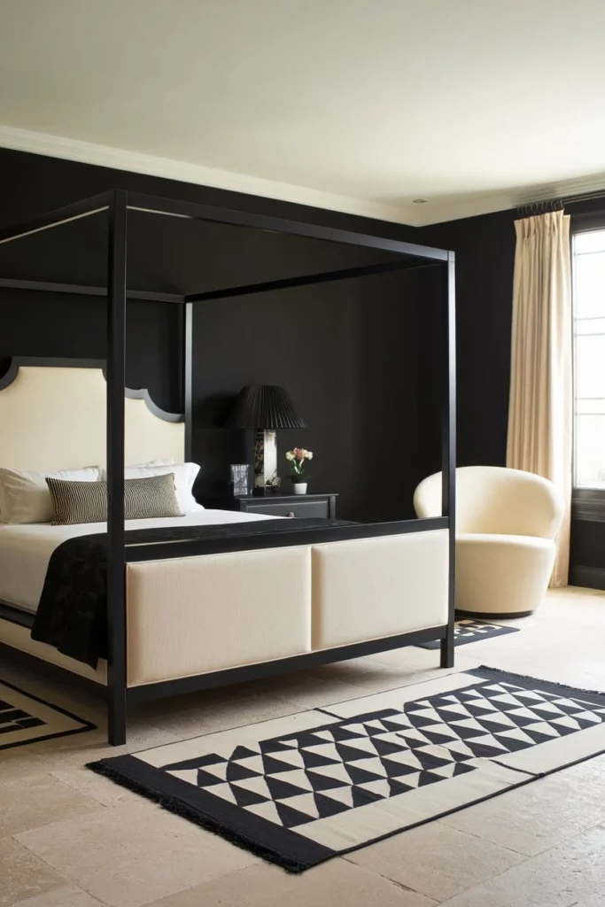 3. Black and Cream Bedroom with Bold Walls