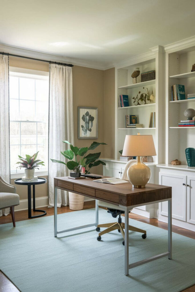 4. Beige and White Minimalist Bedroom Office Design