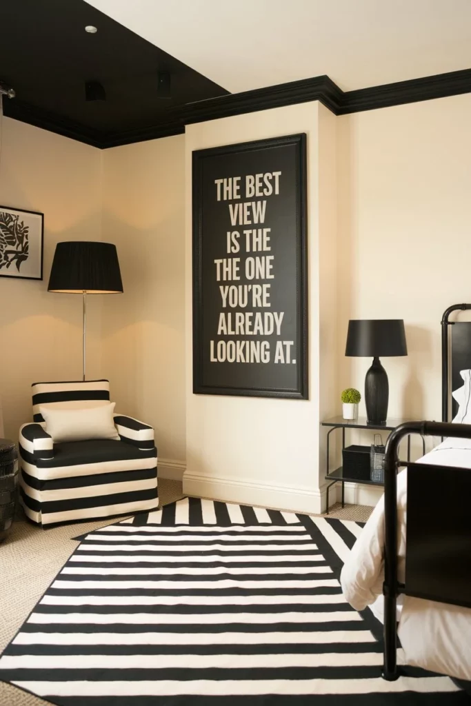 4. Black and Cream Bedroom with Statement Patterns