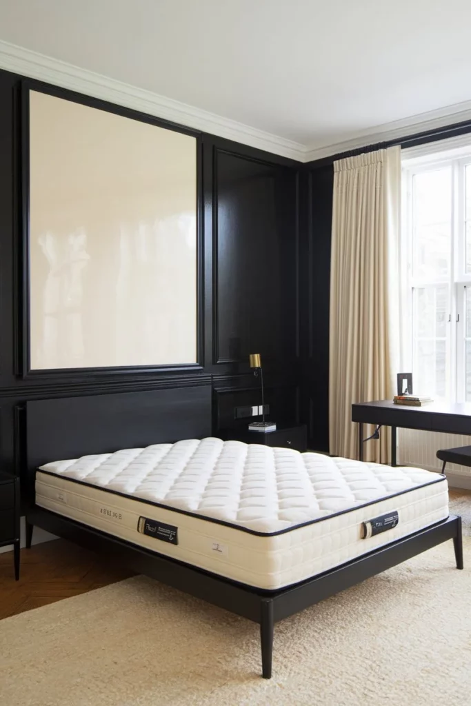 5. Black and Cream Bedroom with Framed Artwork