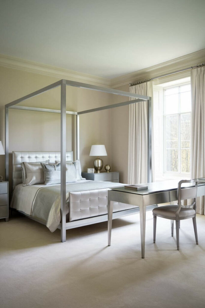 7. Sleek Modern Silver Bedroom with Soft Hues