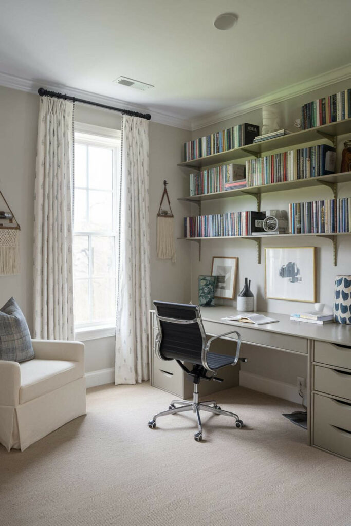 7. Warm Gray Bedroom Office Design with Subtle Decor