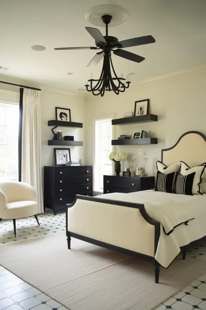 8. Black and Cream Bedroom with Statement Lighting