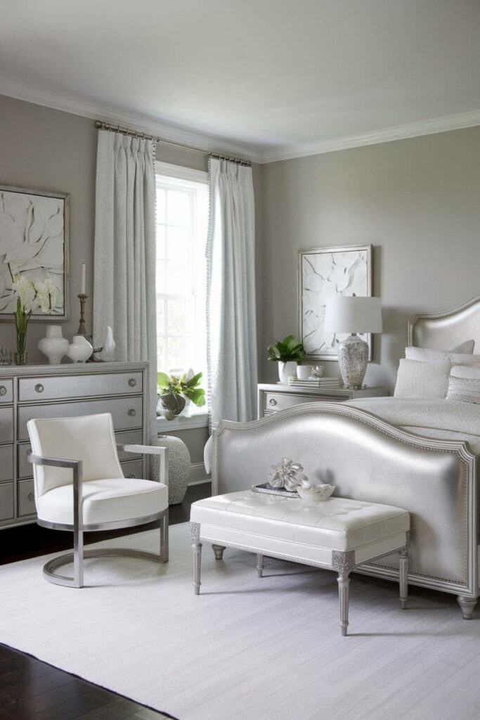 8. Elegant Silver-Themed Bedroom with a Fresh and Serene Atmosphere