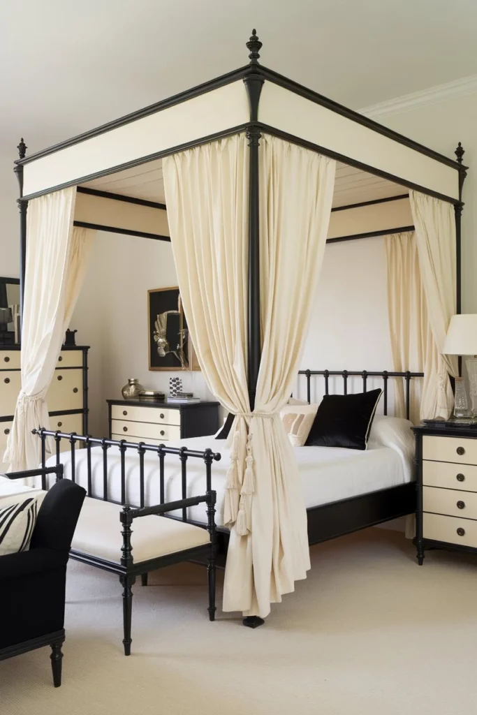 9. Black and Cream Bedroom with a Canopy Frame