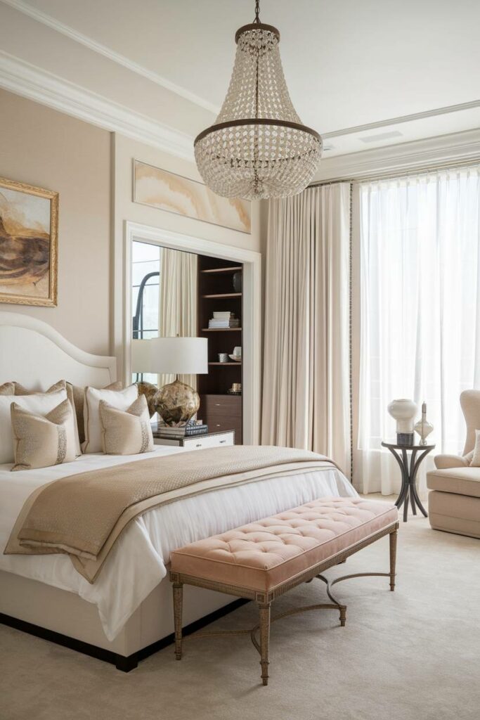 1. Elegant Chandelier and Walk-In Closet Luxury Bedroom Design Ideas