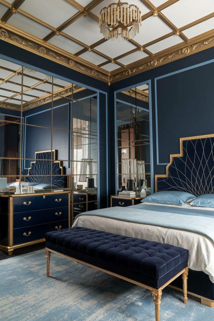 1. Royal Blue Elegance Art Deco Bedroom Design Ideas