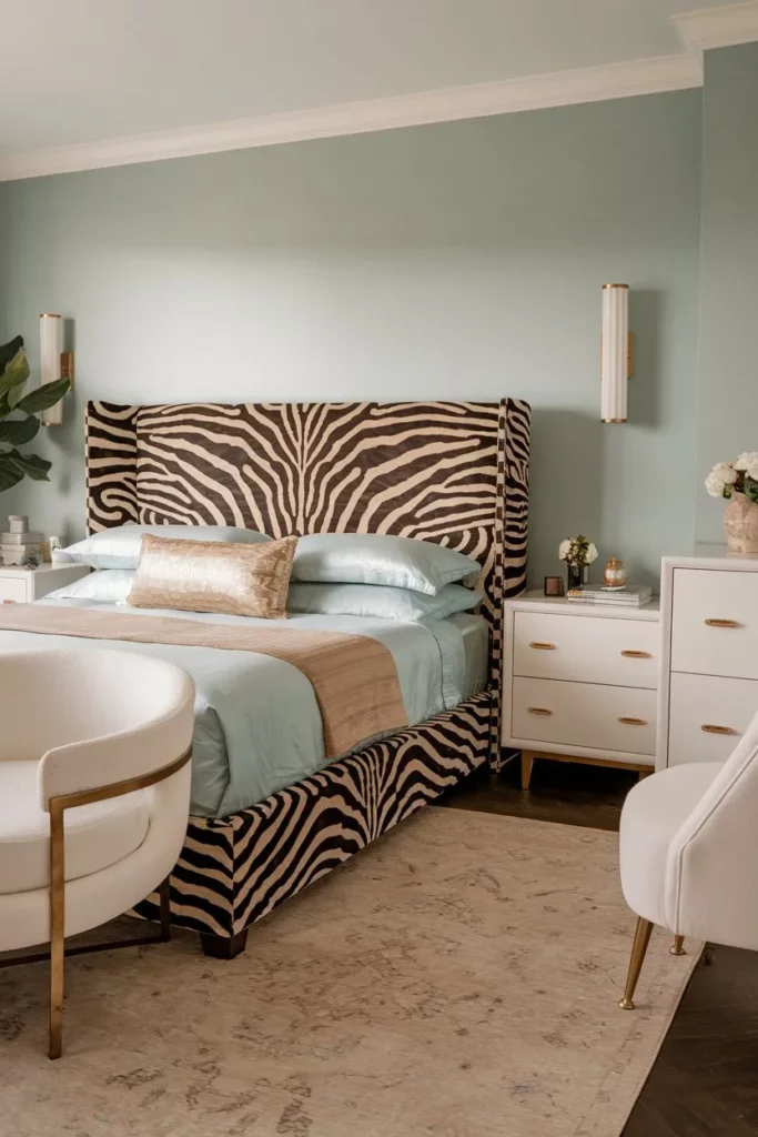 10. Elegant Zebra Print Accents in a Softly Lit Bedroom Design