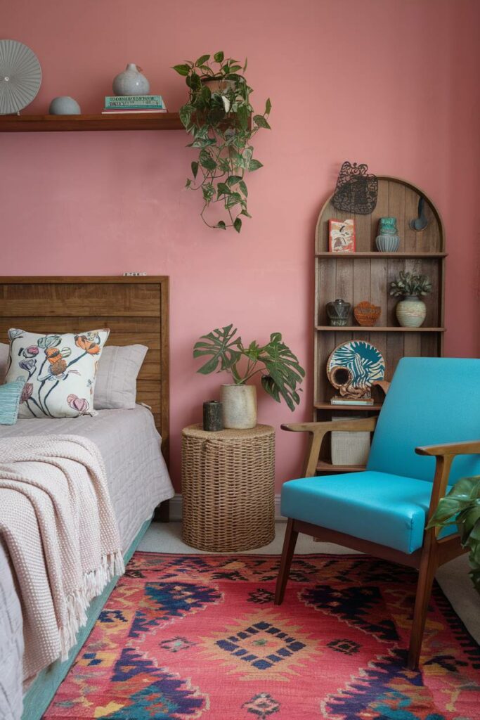 10. Pink Wall Wonder Eclectic Bedroom Design