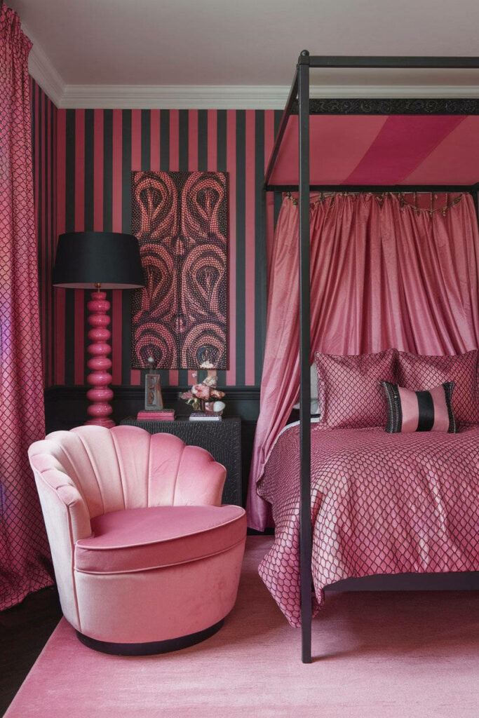 10. Pink and Black Boudoir Bedroom Design