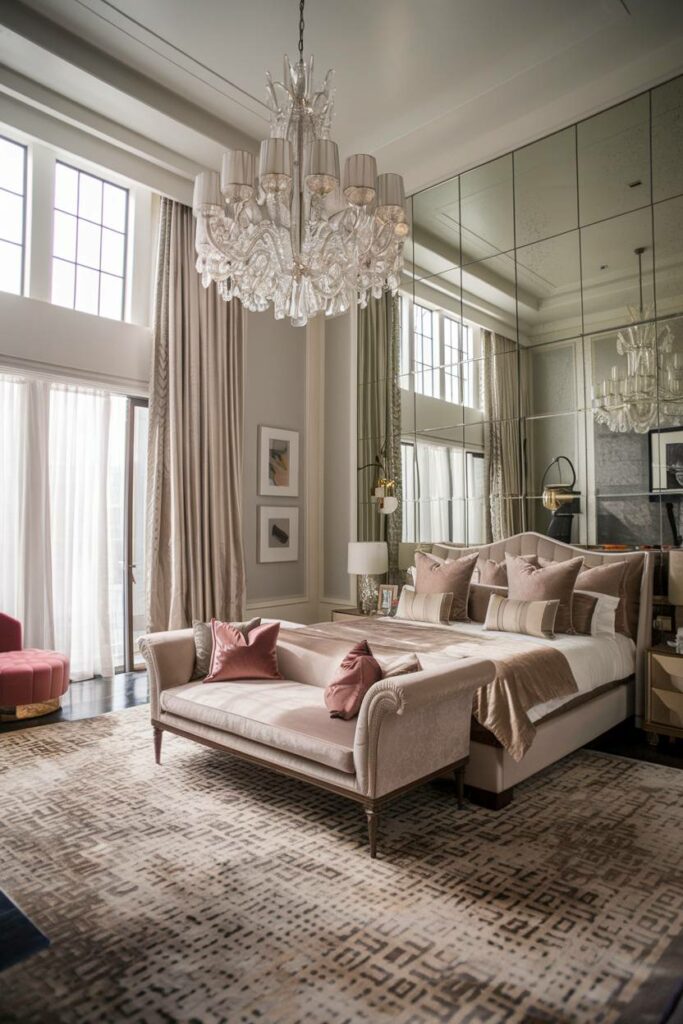 10. Velvet Chaise Lounge and Patterned Rug Luxury Bedroom Design