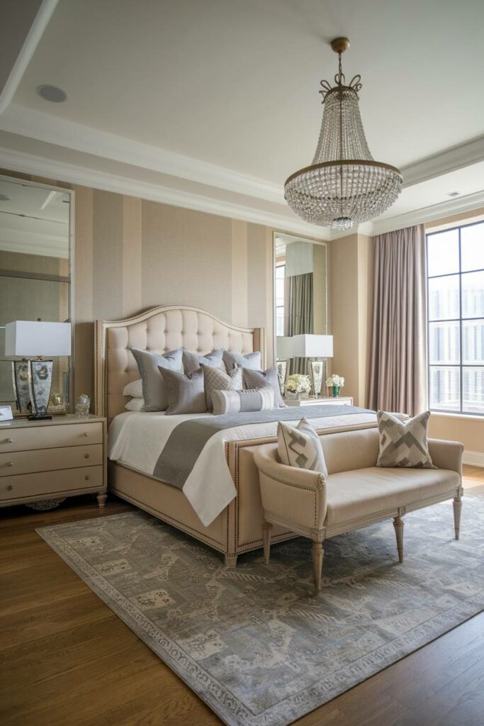 11. Beige and Grey Striped Walls Luxury Bedroom Design