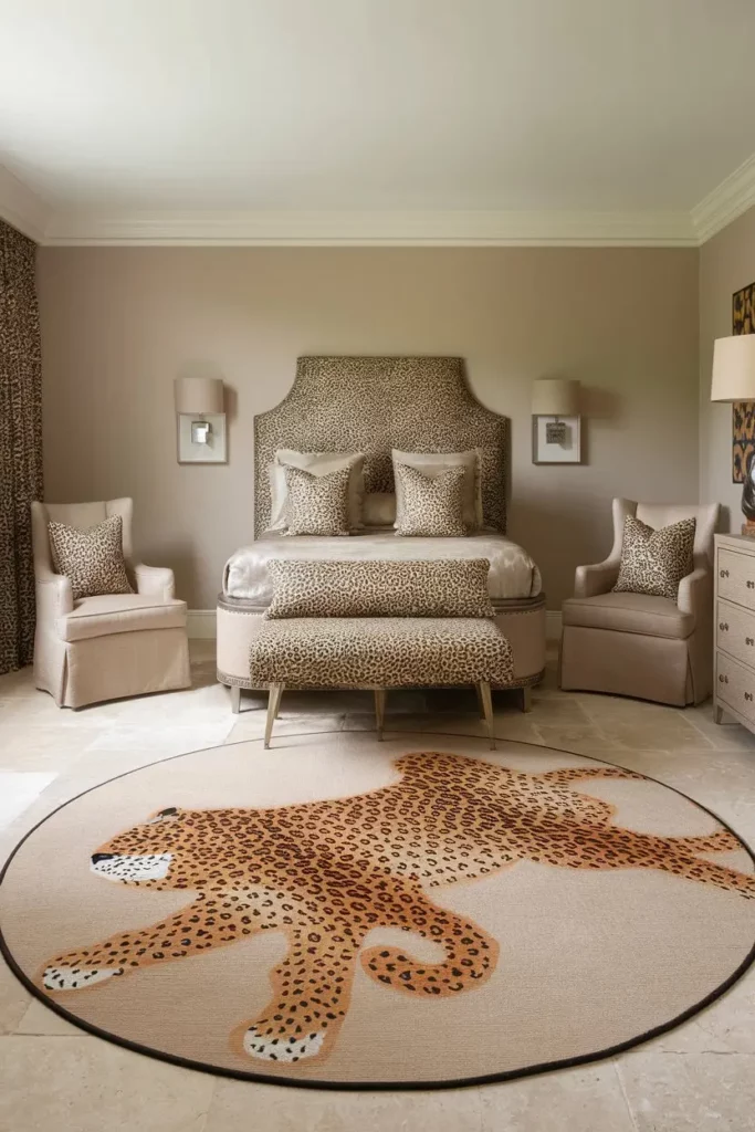 11. Chic Leopard Print Accents in a Soft Beige Bedroom Design