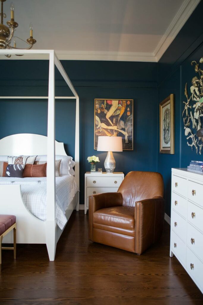 11. Deep Blue and Leather Luxury Art Deco Bedroom Design