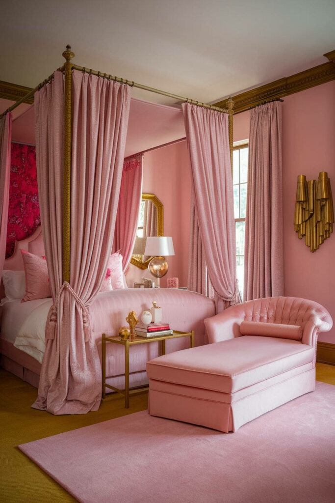 11. Soft Pink and Gold Boudoir Bedroom Design