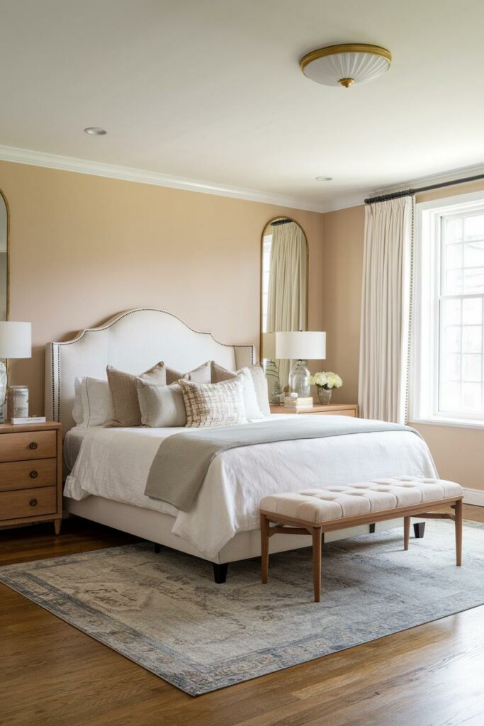 12. Beige and Gold Elegance Transitional Bedroom Design