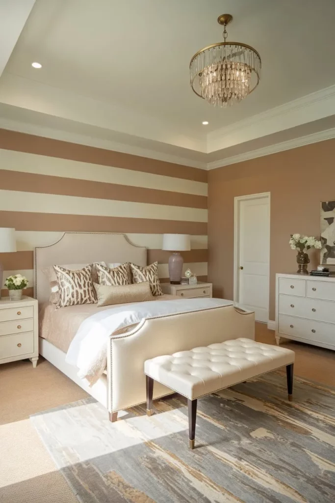 12. Elegant Striped Walls and Animal Print Accents in a Bedroom Design