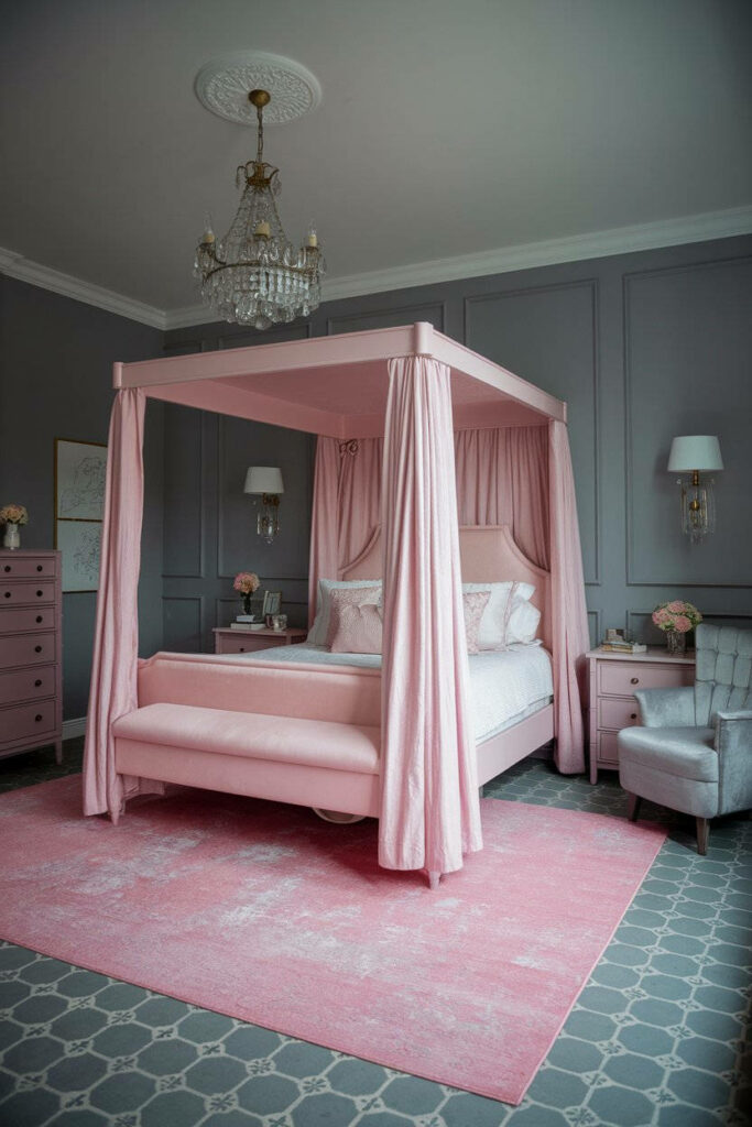 12. Pink and Grey Boudoir Bedroom Design