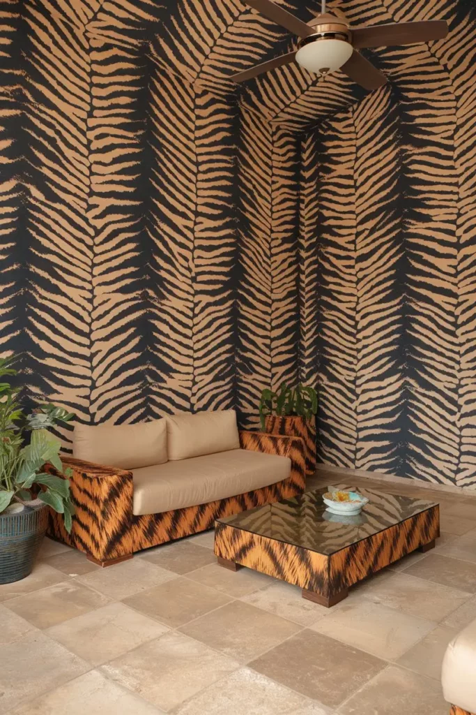 13. Bold Tiger Print Walls in a Warm Animal Print Bedroom Design