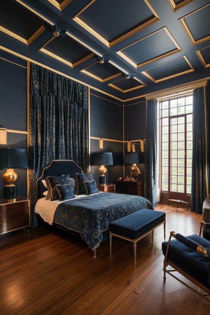 13. Gold and Dark Blue Splendor Art Deco Bedroom Design