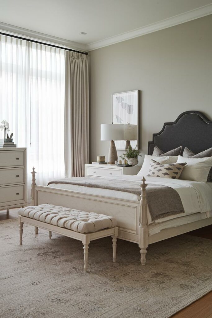 13. Light Grey and White Transitional Bedroom Design