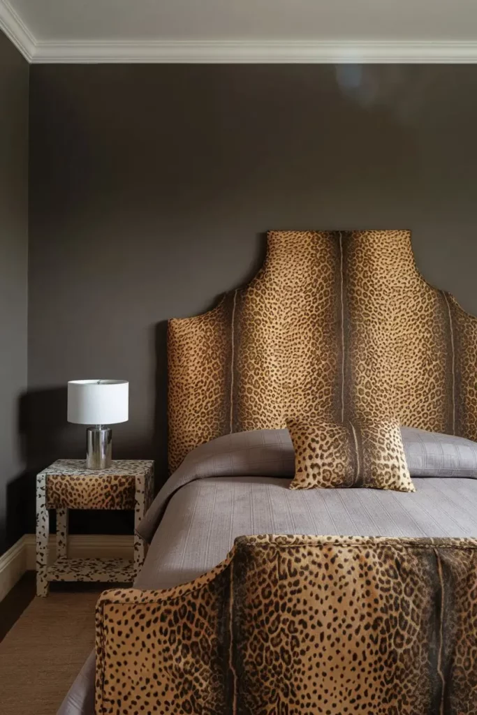 14. Leopard Elegance in a Dark Gray Bedroom Design