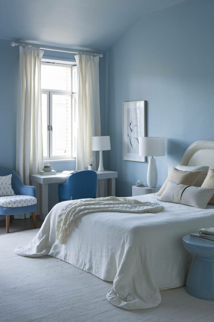 14. Serene Blue and White Cozy Blue Bedroom Design