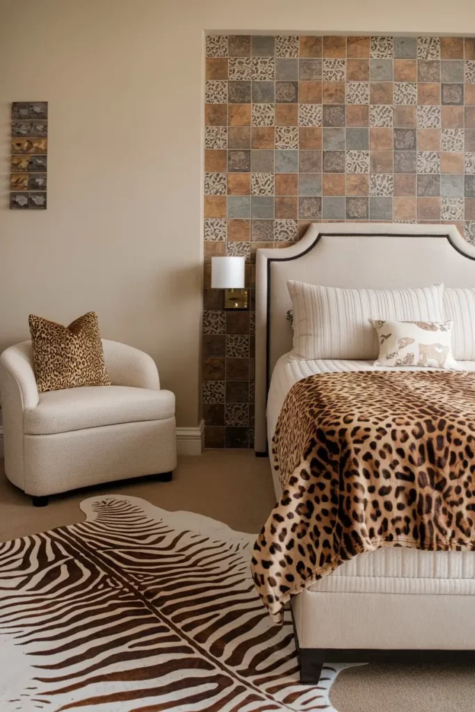 15. Layered Animal Prints in a Cozy Bedroom Design