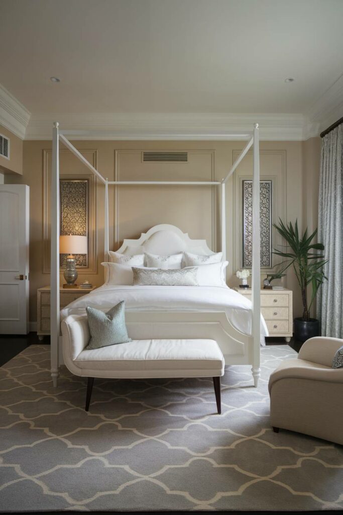 15. White Four-Poster Bed and Gray Area Rug Luxury Bedroom Design