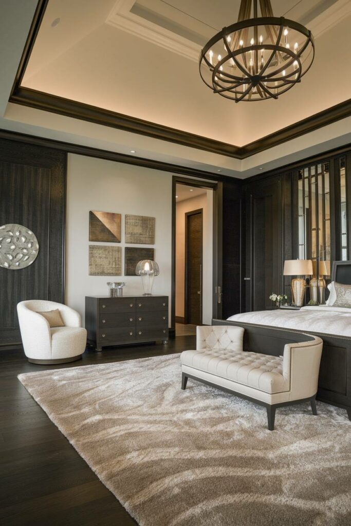 16. Dark Wood Furnishings and Plush Cream-Colored Rug Luxury Bedroom Design