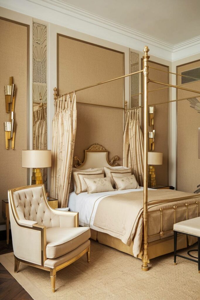 17. Beige and Gold Harmony Art Deco Bedroom Design