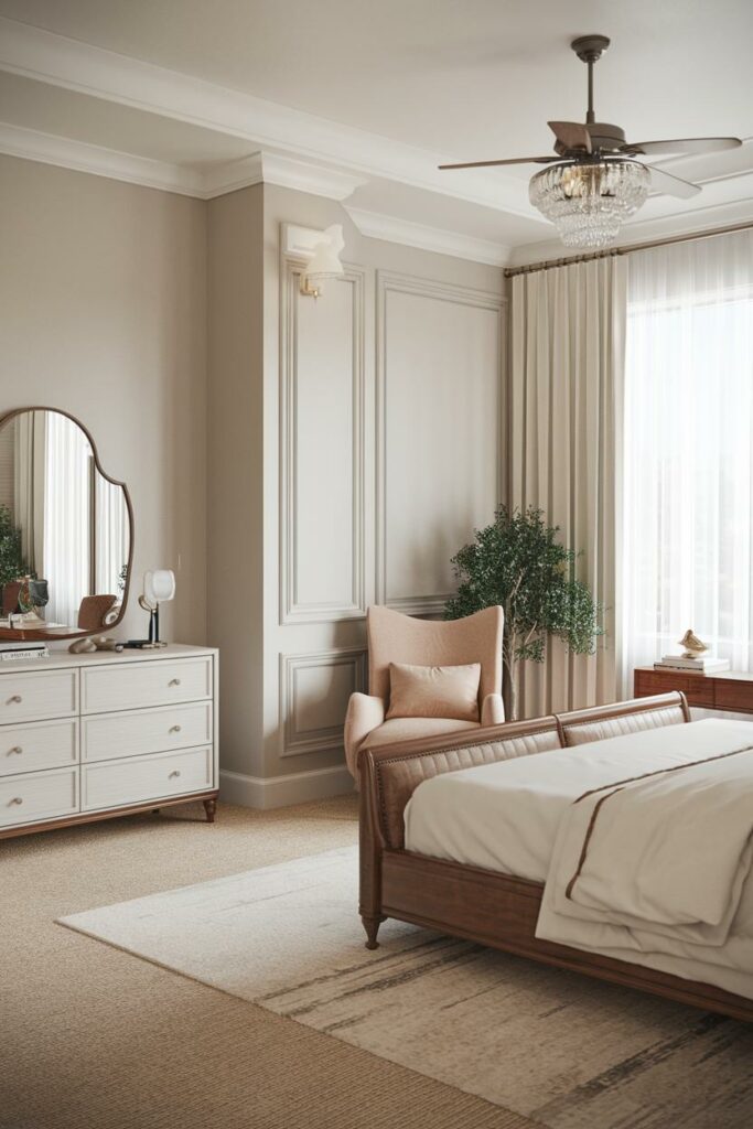 17. Neutral and Calming Transitional Bedroom Design