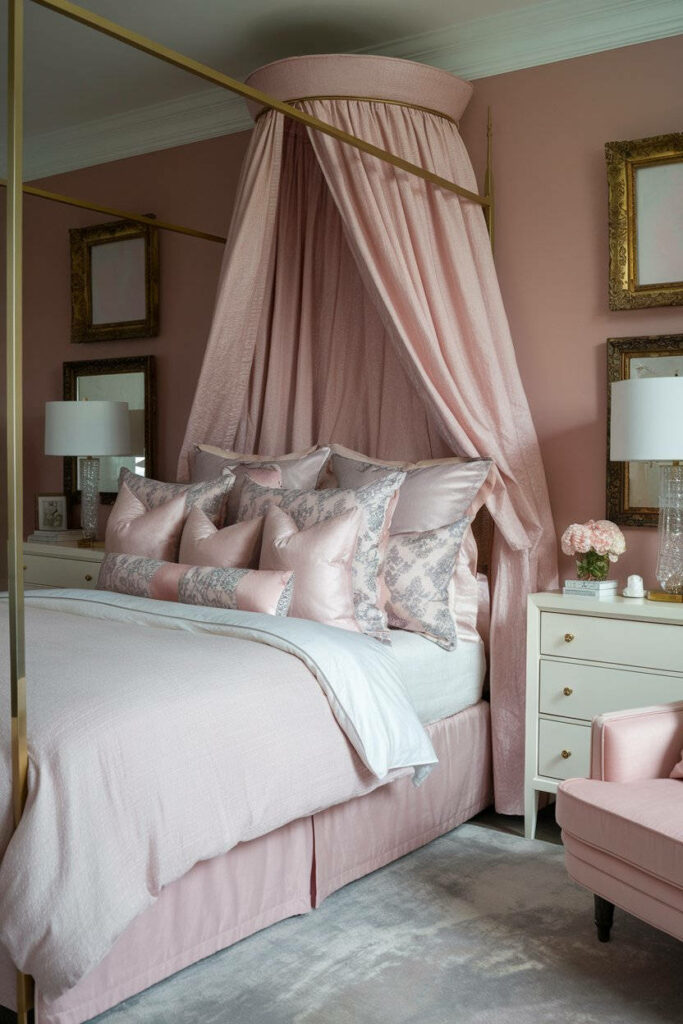 17. Soft Pink and Grey Boudoir Bedroom Design