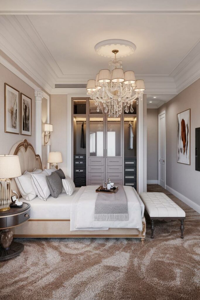 17. Walk-In Closet and Sconce Light Luxury Bedroom Design